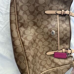 Coach Brown and Pink Shoulder Bag with Signature Monogram